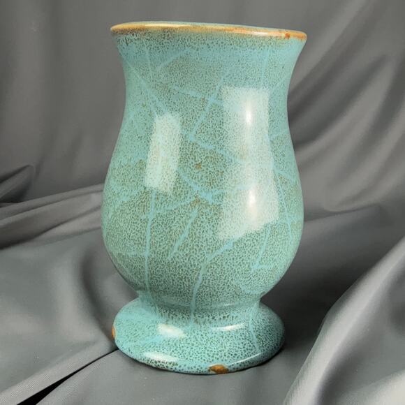 Studio Pottery Vase Turquoise Crackle Glaze Pedestal Stoneware Handmade 5x2.5 - Picture 1 of 4